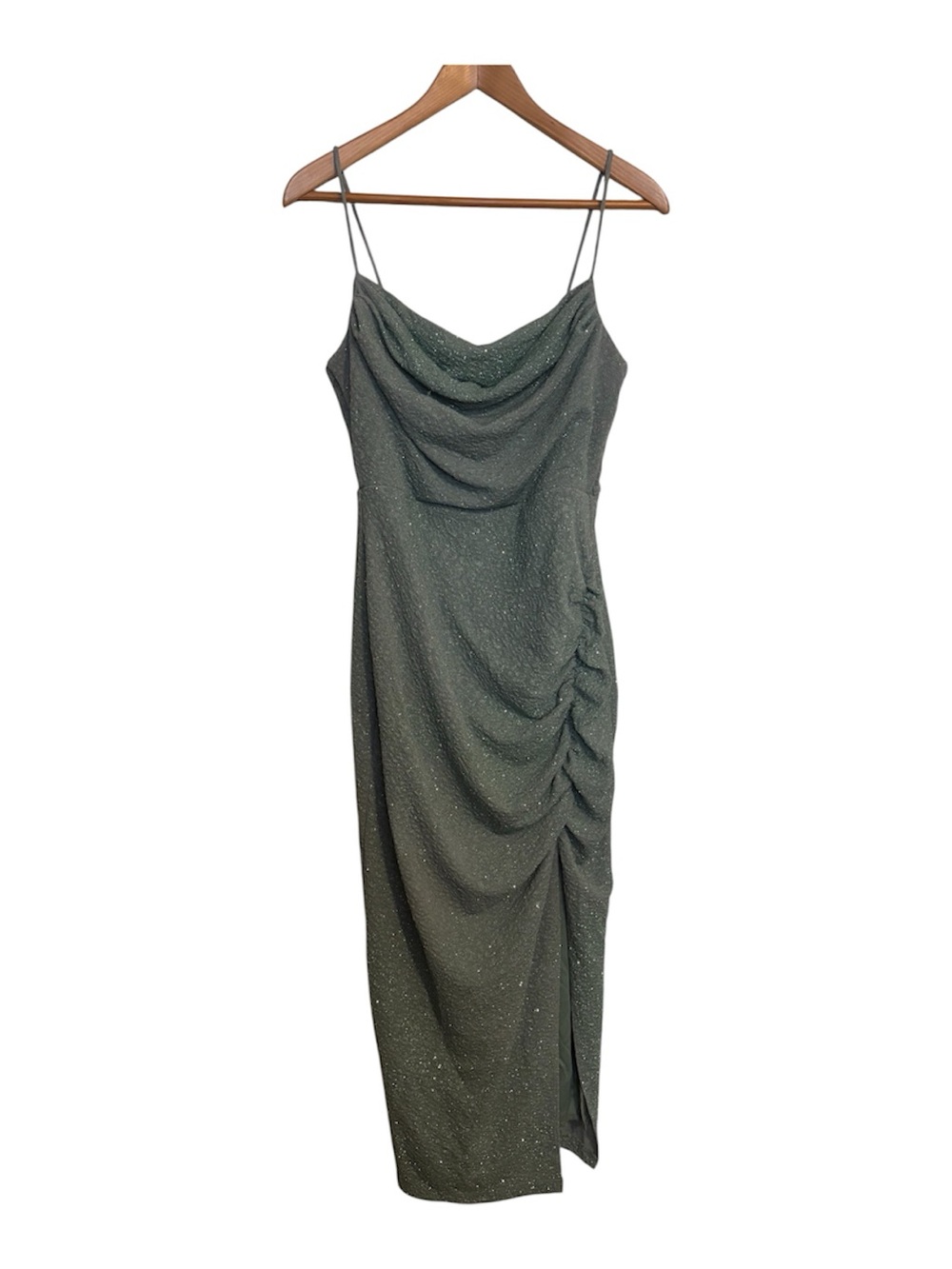 Windsor Sage Green Spaghetti Strap Dress, Midi, Ruched Side Slit, Sparkly, L